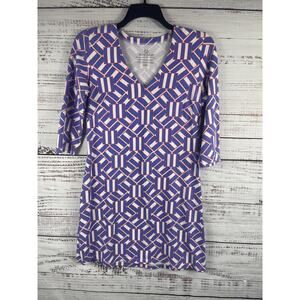 Mahi Gold Dress Women's Large Blue Pink Geometric Print V Neck 3/4 Sleeve USA